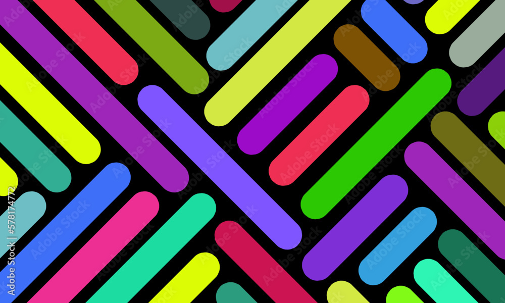 Abstract colorful pattern of straight diagonal lines. Composition in the form of arbitrary multi-colored stripes on a black background. Vector illustration, EPS 10. Funky style, neon lights.
