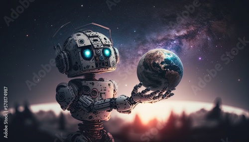 Fototapeta Naklejka Na Ścianę i Meble -  planet in robot hand , Generated by AI