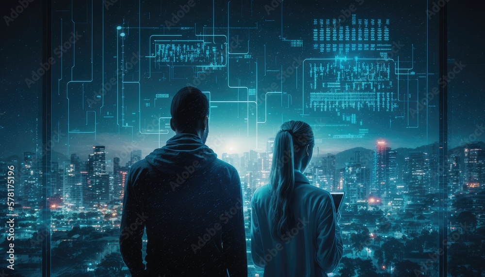 Businessman standing with his back on the rooftop over night modern city , Generated by AI