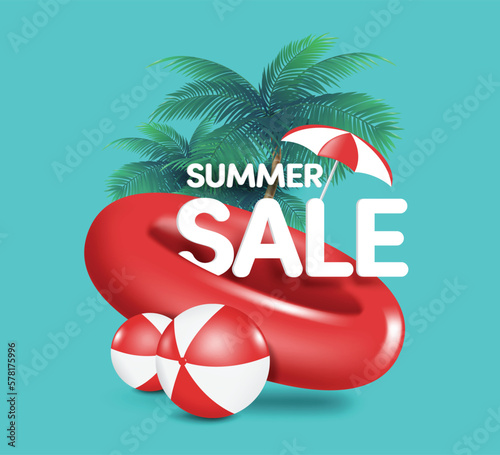 White 3d summer sale promotion text is on red lifebuoy there is coconut tree in back there is an umbrella at top to protect sunlight and a volleyball place in front