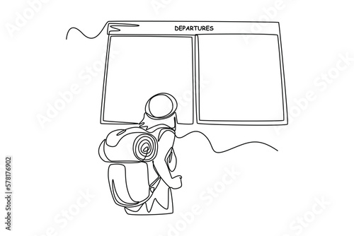 Continuous one line drawing Young girl with backpack in airport check flight timetable. airport activities concept. Single line draw design vector graphic illustration.