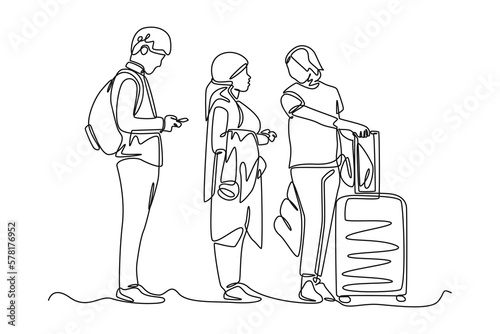 Continuous one line drawing travelers queued to check in at airport. airport activities concept. Single line draw design vector graphic illustration.