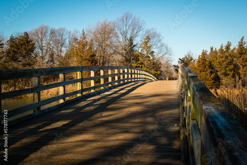 The wood bridge in Sunken Meadow State Park  New York  in the Winter 