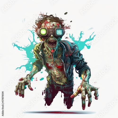 Zombie Character Immersed in Virtual Reality Glasses on White Background, Generative AI