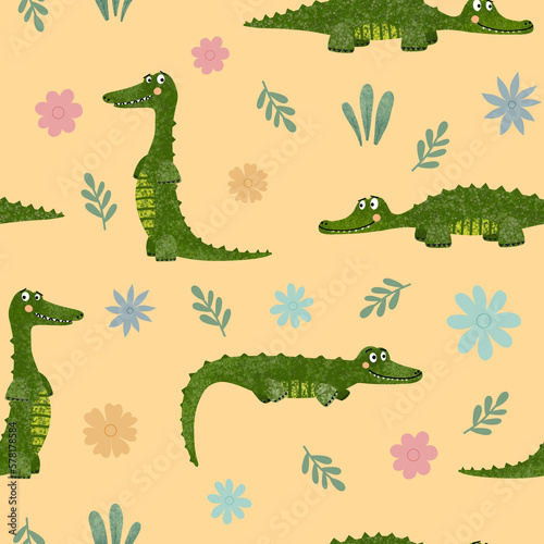 Funny crocodile seamless pattern. Cute wild animals and flowers on yellow background. Allover clothing print