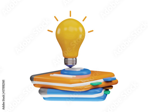 3d rendering stack of books with a light bulb on top of it