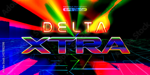 Retro futuristic 80s editable text effect style delta xtra vibrant back to the future theme with experimental background, ideal for poster, flyer, social media post with give them the rad 1980s touch