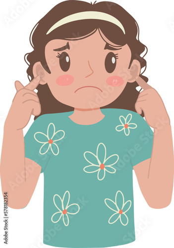 Beautiful cute teenager girl covering her ears with fingers hands schizophrenia with sad expression illustration