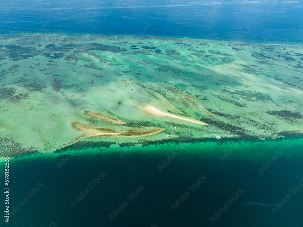 Obraz premium Sandbar and coral reef in turquoise water. Negros, Philippines.