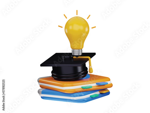 3d rendering stack of books with a light bulb on the Graduates cap