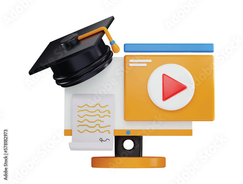 3d rendering computer monitor with a graduation cap and video player icon illustration
