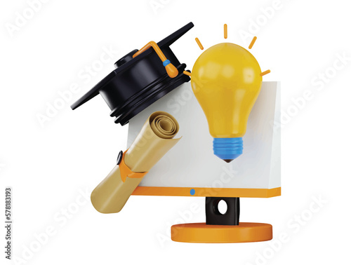 3d rendering computer monitor with a graduation cap and diploma certificate icon illustration