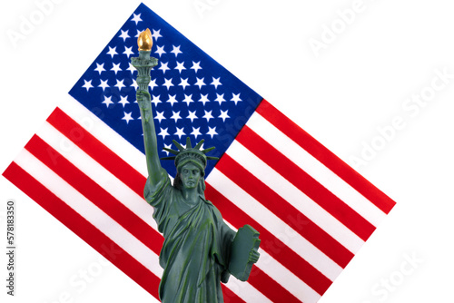 Model of the Statue of Liberty and the American flag on a white background © Max Zolotukhin