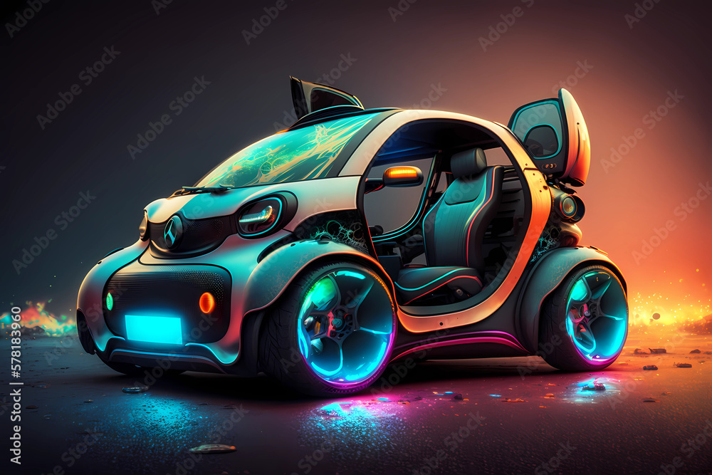 Abstract electric car with neon lights on a dark background. 3d rendering. Generative AI.