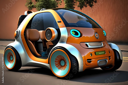 Modern electric car on the road. 3d render. Side view. Generative AI.