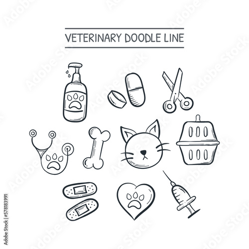Veterinary equipment doodle line icon, pet care, grooming, medical animal vector illustration