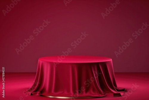 Empty podium covered with red cloth for product display. Generative AI