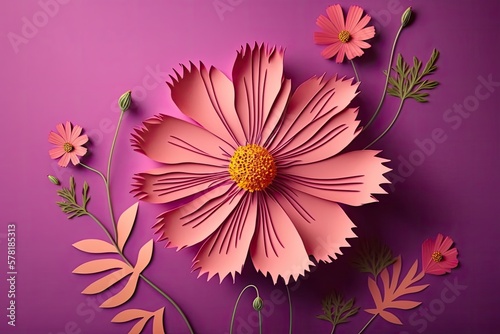 3d papercut pink colored cosmos flower on pink background  3d render wallpaper 