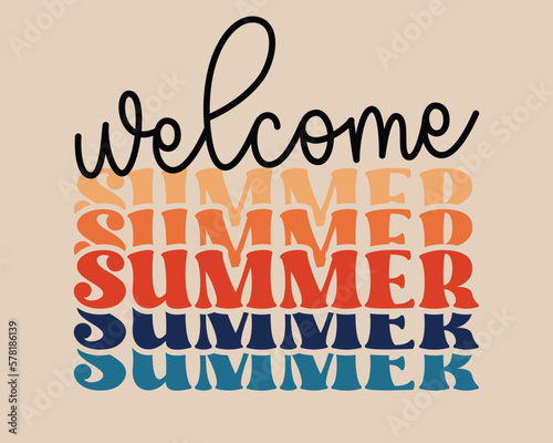 Welcome Summer quote retro groovy vintage repeat text typographic art with peach color background