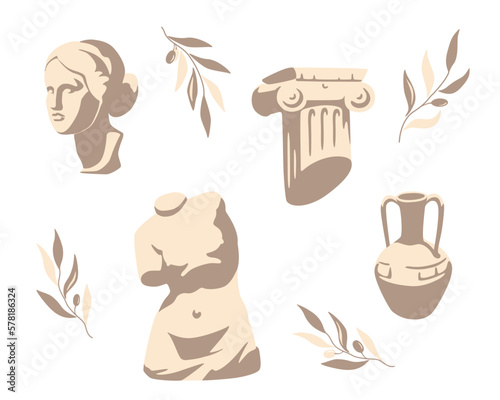 Ancient Greek art sculpture set Aphrodite statue head and torso, clay amphora, broken ionic column