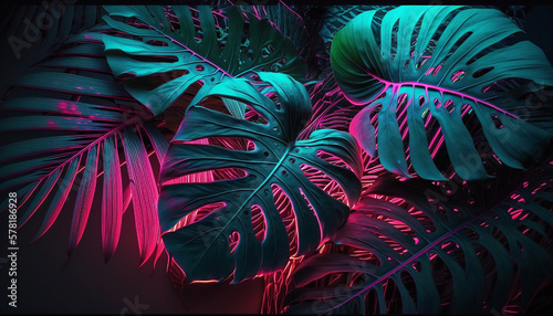 Stylized retro neon pink and teal colored Monsterra leaves and palm fronds. Created using generative AI.