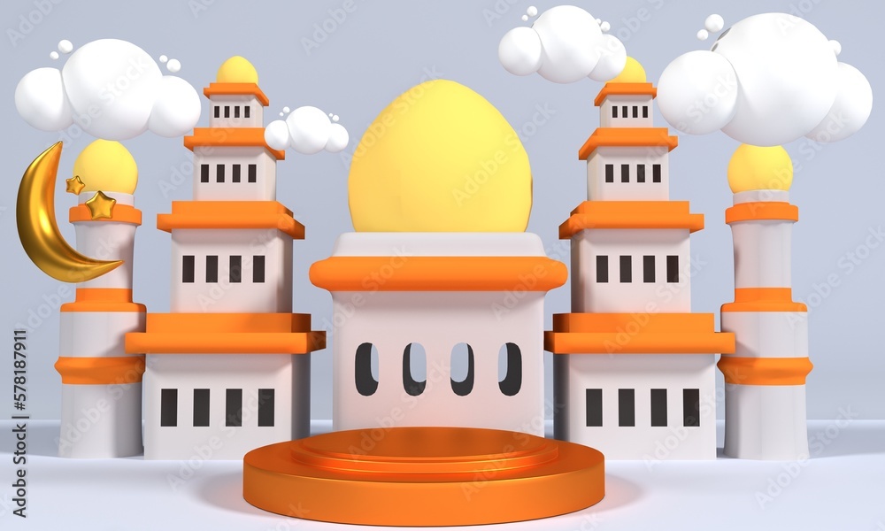 3d rendering of a minimalist mosque, with a product display podium welcoming Ramadan 3d rendering of a minimalist mosque, with a product display podium welcoming Ramadan