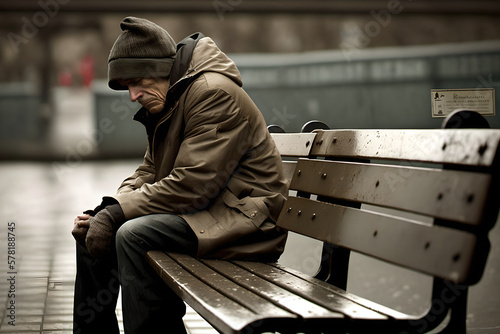 A very depressed man who lost his home, or his job, or his wife, partner or girlfriend, sitting  alone on a becnh in a cold day in a coat, being gloomy and teary. Illustration of depression and loss.  photo