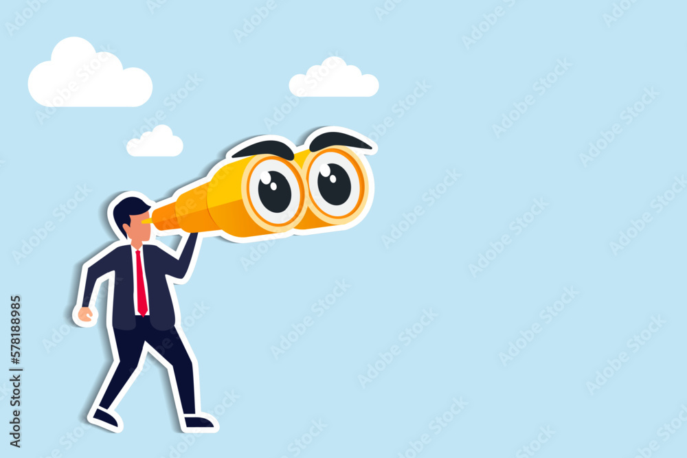 Observation, search for opportunity, curiosity or surveillance, inspect or discover new business, job search or hr finding candidate concept, curious businessman look through binoculars with big eyes.