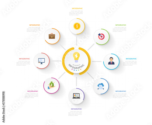 Infographic template for business. 8 Steps Modern Mindmap diagram with percentage circle topics, presentation vector infographic.