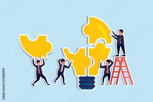 Team building, team collaboration for business idea, teamwork to solve problem, participate to work together for success concept, businessmen and businesswomen team up to solve lightbulb jigsaw.