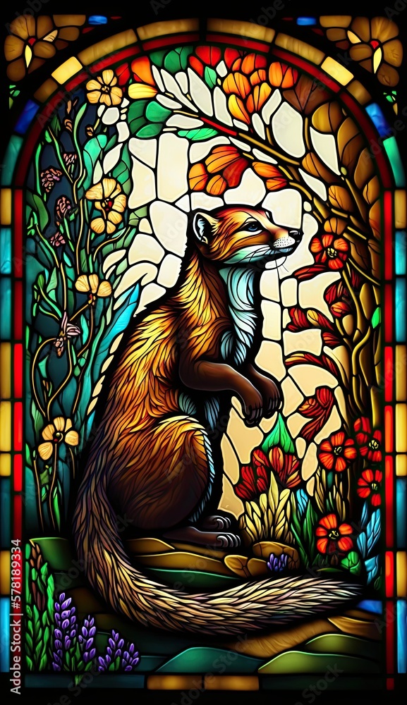 Artistic Beautiful Desginer Handcrafted Stained Glass Artwork of a Marten Animal in Art Nouveau Style with Vibrant and Bright Colors, Illuminated from Behind (generative AI)