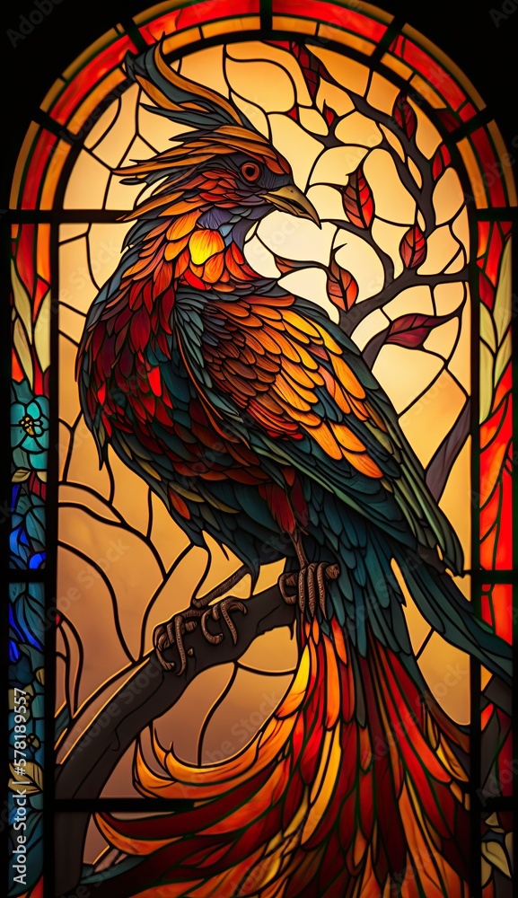 Artistic Beautiful Desginer Handcrafted Stained Glass Artwork of a Phoenix Animal in Art Nouveau Style with Vibrant and Bright Colors, Illuminated from Behind (generative AI) Artistic Beautiful Desginer Handcrafted Stained Glass Artwork of a Phoenix Animal in Art Nouveau Style with Vibrant and Bright Colors, Illuminated from Behind (generative AI)