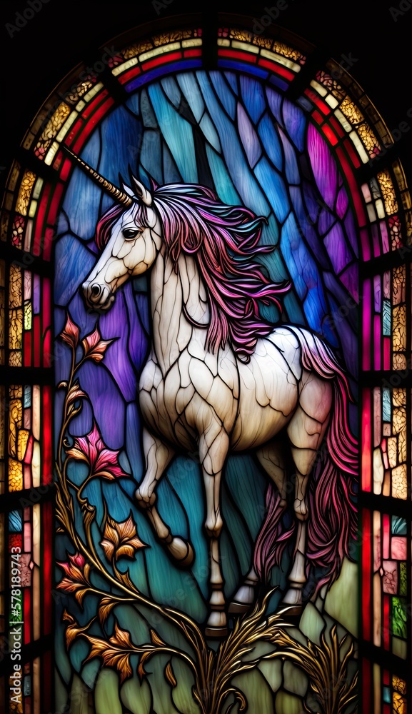 Artistic Beautiful Desginer Handcrafted Stained Glass Artwork of a Unicorn Animal in Art Nouveau Style with Vibrant and Bright Colors, Illuminated from Behind (generative AI)