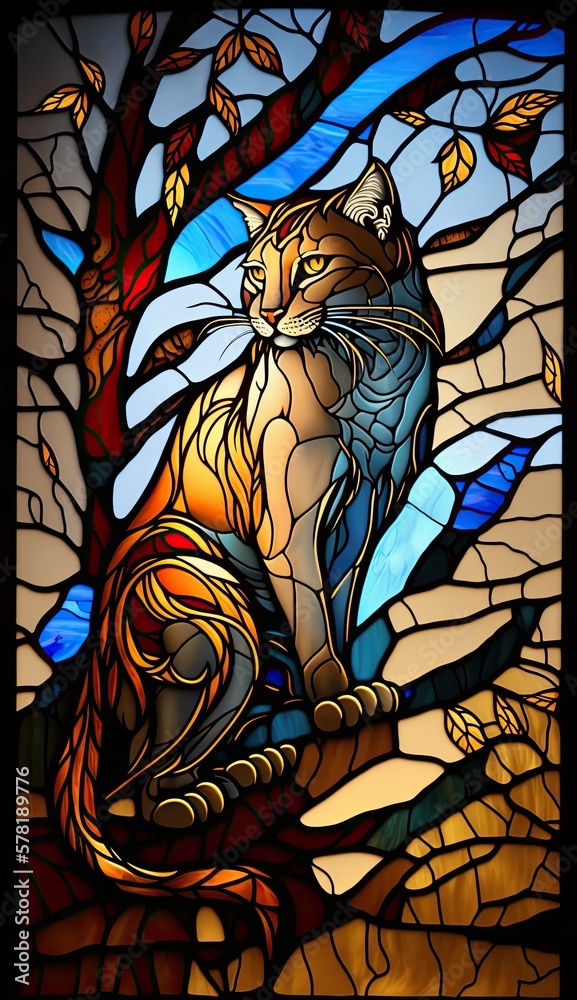 Artistic Beautiful Desginer Handcrafted Stained Glass Artwork of a Wild cat Animal in Art Nouveau Style with Vibrant and Bright Colors, Illuminated from Behind (generative AI) Artistic Beautiful Desginer Handcrafted Stained Glass Artwork of a Wild cat Animal in Art Nouveau Style with Vibrant and Bright Colors, Illuminated from Behind (generative AI)