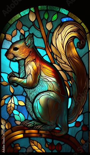 Artistic Beautiful Desginer Handcrafted Stained Glass Artwork of a Squirrel Animal in Art Nouveau Style with Vibrant and Bright Colors, Illuminated from Behind (generative AI)