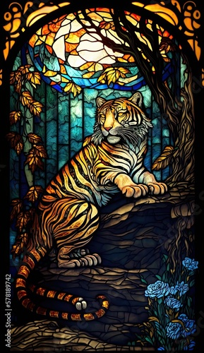 Artistic Beautiful Desginer Handcrafted Stained Glass Artwork of a Tiger Animal in Art Nouveau Style with Vibrant and Bright Colors  Illuminated from Behind  generative AI 
