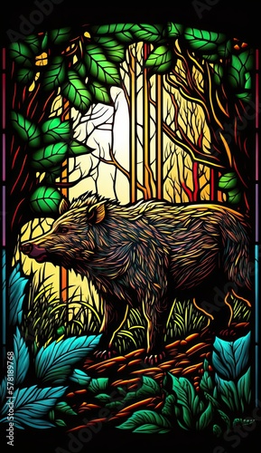Artistic Beautiful Desginer Handcrafted Stained Glass Artwork of a Wild Boar Animal in Art Nouveau Style with Vibrant and Bright Colors, Illuminated from Behind (generative AI)