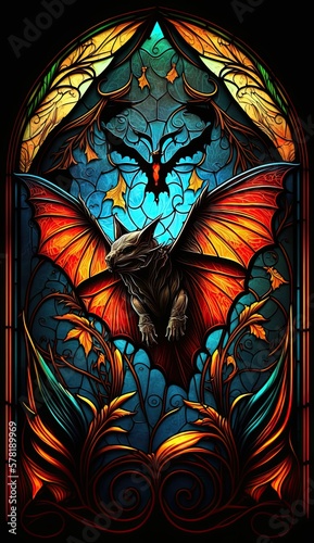 Artistic Beautiful Desginer Handcrafted Stained Glass Artwork of a Bat Animal in Art Nouveau Style with Vibrant and Bright Colors  Illuminated from Behind  generative AI 