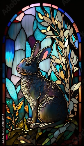 Artistic Beautiful Desginer Handcrafted Stained Glass Artwork of a bunny Animal in Art Nouveau Style with Vibrant and Bright Colors, Illuminated from Behind (generative AI)
