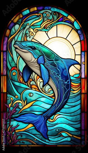 Artistic Beautiful Desginer Handcrafted Stained Glass Artwork of a dolphin Animal in Art Nouveau Style with Vibrant and Bright Colors, Illuminated from Behind (generative AI)