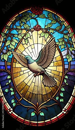 Artistic Beautiful Desginer Handcrafted Stained Glass Artwork of a Dove Animal in Art Nouveau Style with Vibrant and Bright Colors  Illuminated from Behind  generative AI 