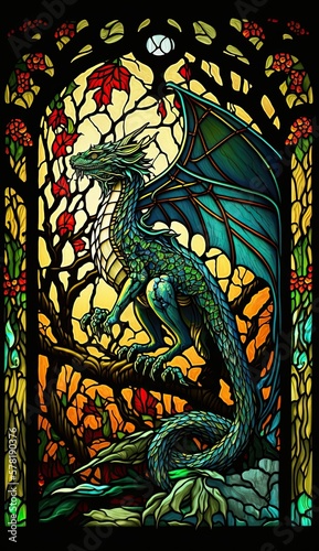 Artistic Beautiful Desginer Handcrafted Stained Glass Artwork of a Dragon Animal in Art Nouveau Style with Vibrant and Bright Colors, Illuminated from Behind (generative AI)