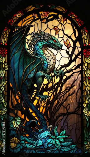 Artistic Beautiful Desginer Handcrafted Stained Glass Artwork of a Dragon Animal in Art Nouveau Style with Vibrant and Bright Colors, Illuminated from Behind (generative AI)