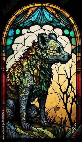 Artistic Beautiful Desginer Handcrafted Stained Glass Artwork of a Hyena Animal in Art Nouveau Style with Vibrant and Bright Colors  Illuminated from Behind  generative AI 