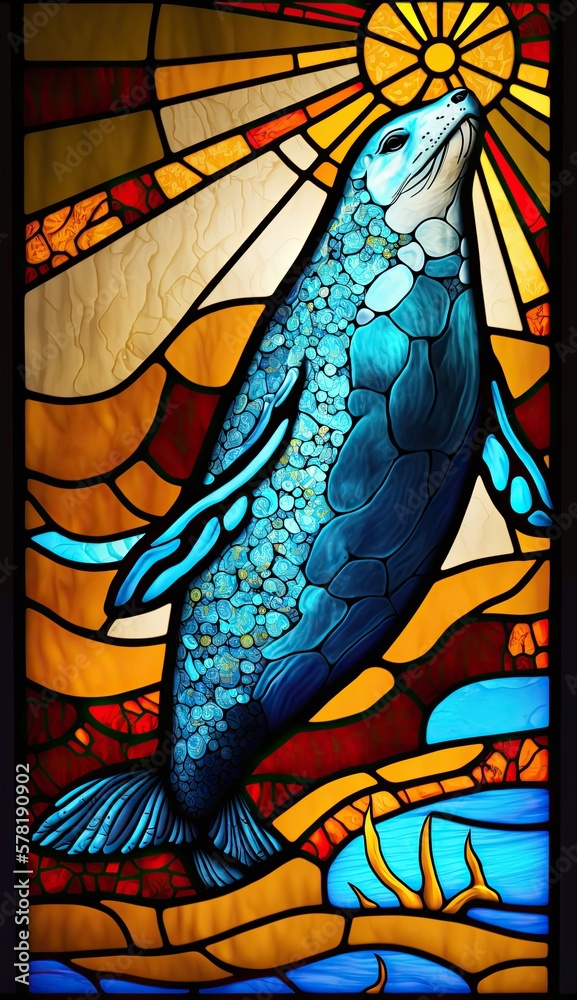 Artistic Beautiful Desginer Handcrafted Stained Glass Artwork of a leopard seal Animal in Art Nouveau Style with Vibrant and Bright Colors, Illuminated from Behind (generative AI)