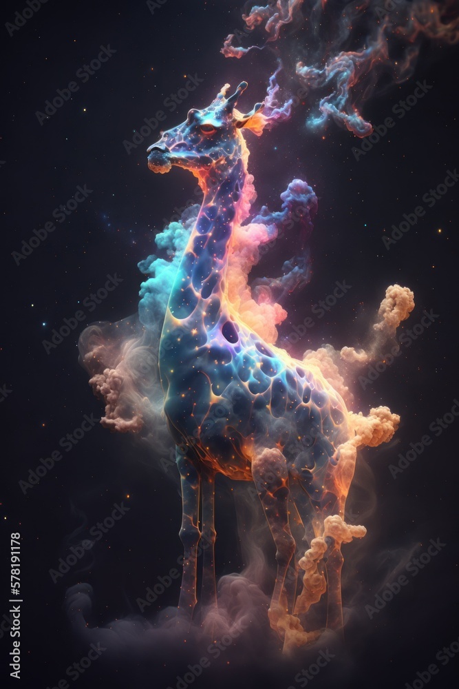 Naklejka premium Beautiful Artistic Spiraling Galaxies and Iridescent Nebulae in Intricate Detail, Forming the Shape of a Giraffe in Space (generative AI)
