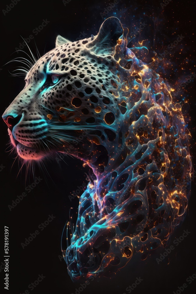 Beautiful Artistic Spiraling Galaxies and Iridescent Nebulae in Intricate Detail, Forming the Shape of a Jaguar in Space (generative AI)