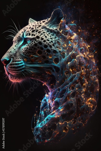 Beautiful Artistic Spiraling Galaxies and Iridescent Nebulae in Intricate Detail, Forming the Shape of a Jaguar in Space (generative AI)