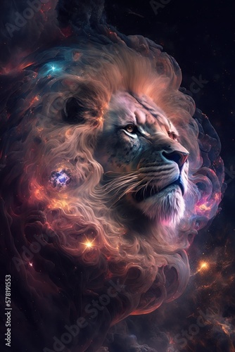 Beautiful Artistic Spiraling Galaxies and Iridescent Nebulae in Intricate Detail, Forming the Shape of a Lion in Space (generative AI)