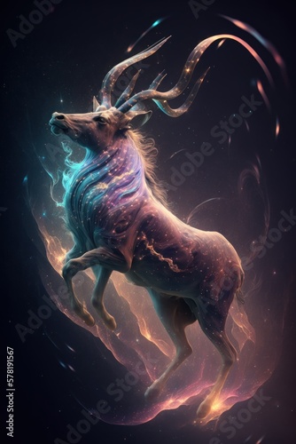 Beautiful Artistic Spiraling Galaxies and Iridescent Nebulae in Intricate Detail, Forming the Shape of a Markhor in Space (generative AI)